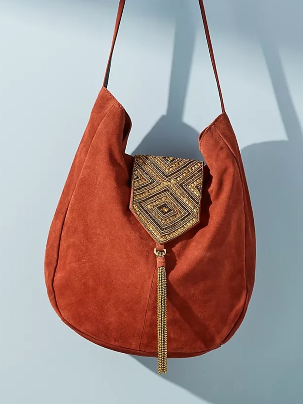 Anthropologie Nadia Suede Beaded Tassel Hobo Crossbody Bag Rust Orange